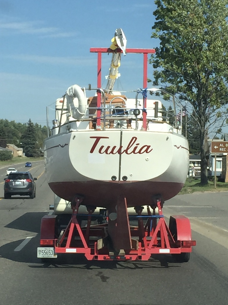 Tulia being trailered to Mile Marker 0 of the Intracoastal.